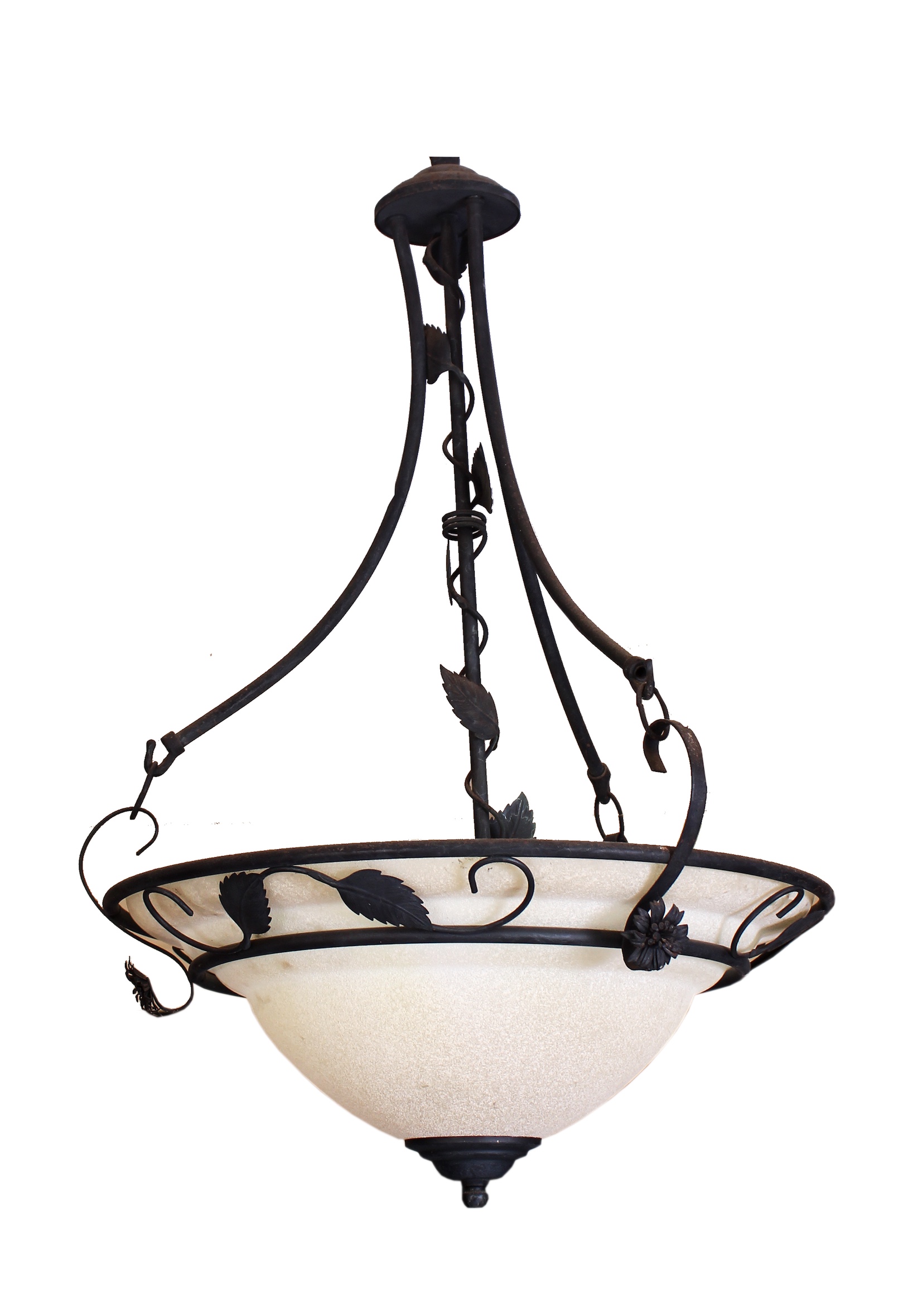 A pair of 20th century ceiling hanging milk glass lamp with iron mounts